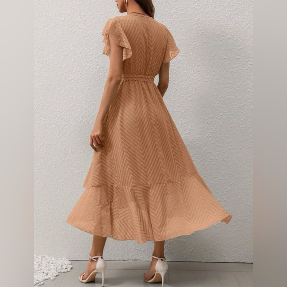 Jacquard Butterfly Sleeve Ruffle Hem Belted Dress - Picture 6 of 8